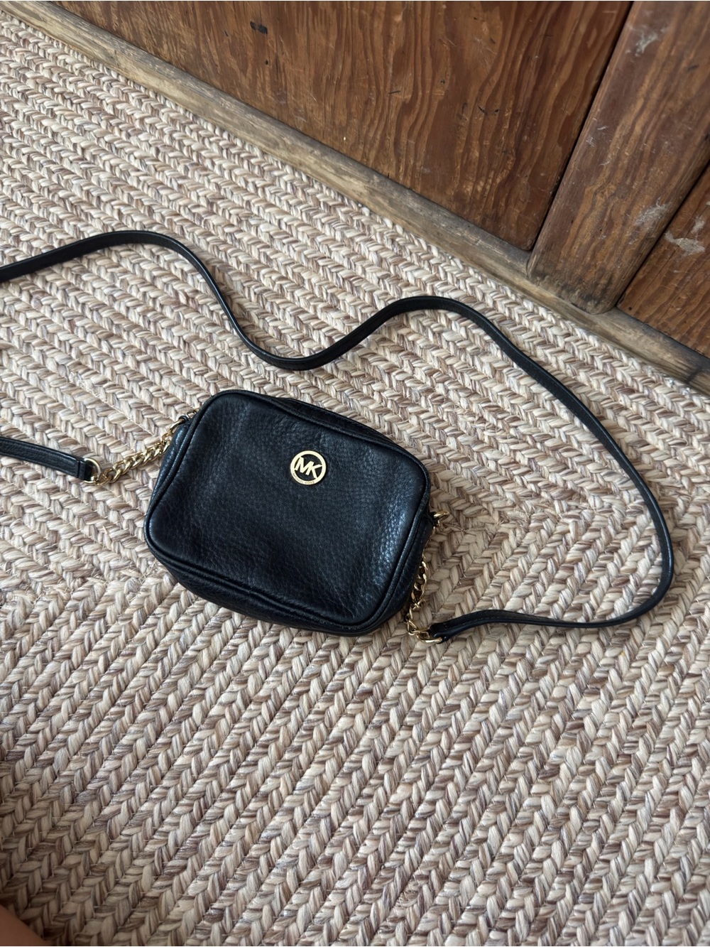 Michael Kors Collection Black Pebbled Leather Mini Crossbody with Gold MK Emblem